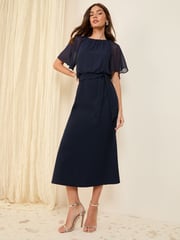 Friends Like These Navy Blue Scuba Chiffon Flutter Sleeve Midi Dress - Image 3 of 4
