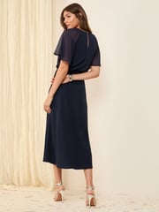 Friends Like These Navy Blue Scuba Chiffon Flutter Sleeve Midi Dress - Image 4 of 4