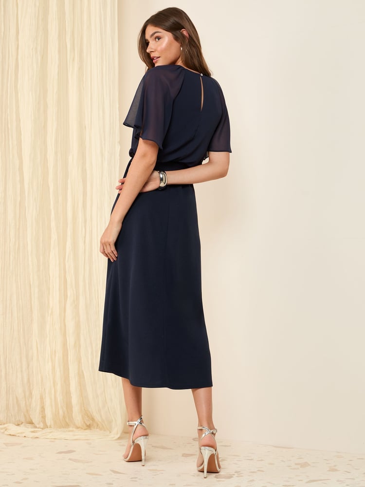 Friends Like These Navy Blue Scuba Chiffon Flutter Sleeve Midi Dress - Image 4 of 4