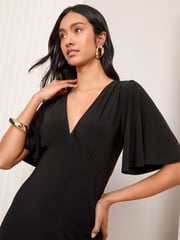 Friends Like These Black Petite V-Neck ITY Flutter Sleeve Midi Dress - Image 2 of 4