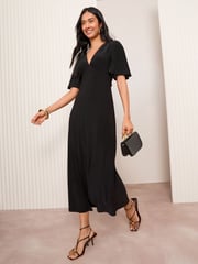 Friends Like These Black Petite V-Neck ITY Flutter Sleeve Midi Dress - Image 3 of 4
