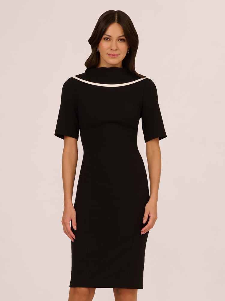 Adrianna Papell Roll Neck Sheath With V Back Black Dress - Image 1 of 7
