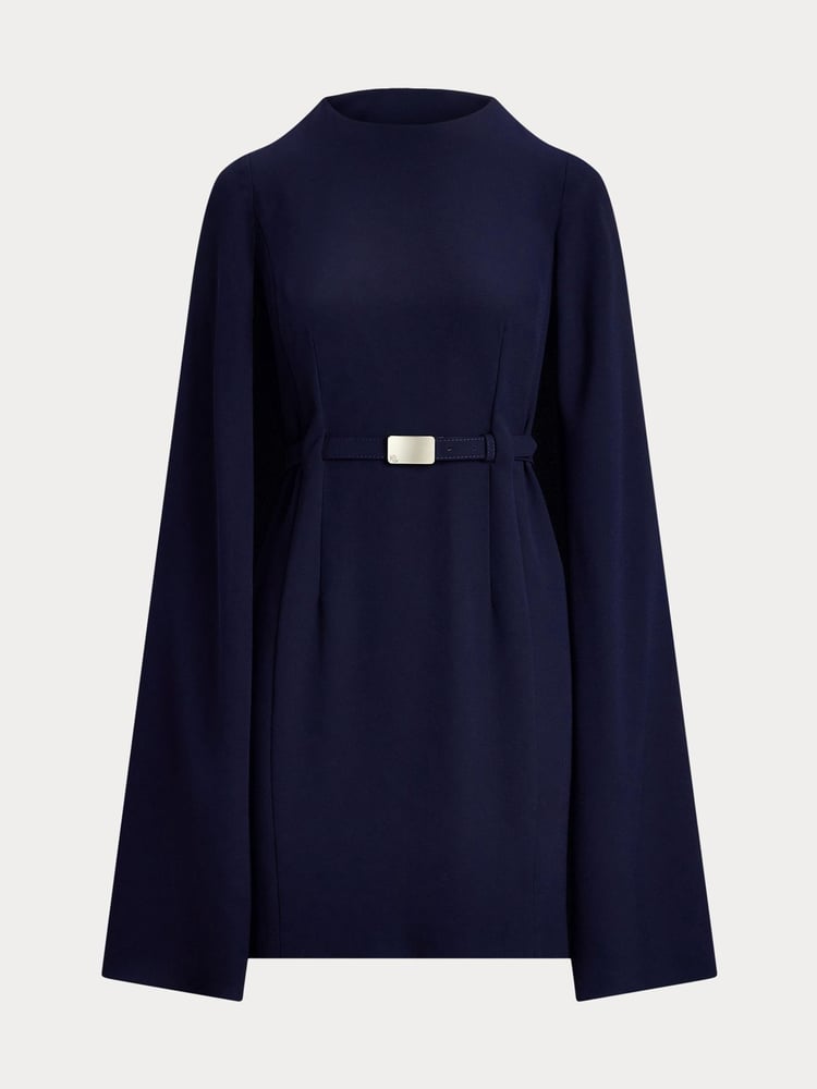 Lauren Ralph Lauren Blue Belted Cape Georgette Cocktail Dress - Image 5 of 5