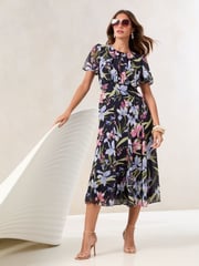 Lipsy Navy Floral Petite Short Sleeve Gathered Waist Underbust Midi Dress - Image 1 of 4