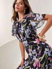 Lipsy Navy Floral Petite Short Sleeve Gathered Waist Underbust Midi Dress - Image 2 of 4