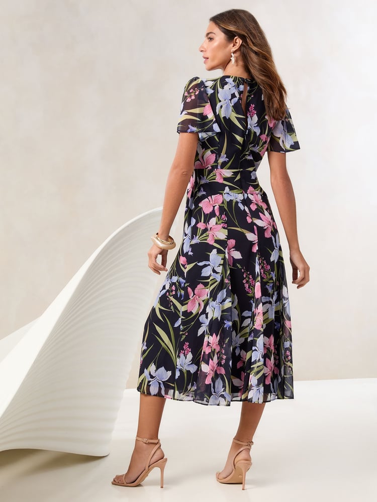 Lipsy Navy Floral Petite Short Sleeve Gathered Waist Underbust Midi Dress - Image 4 of 4