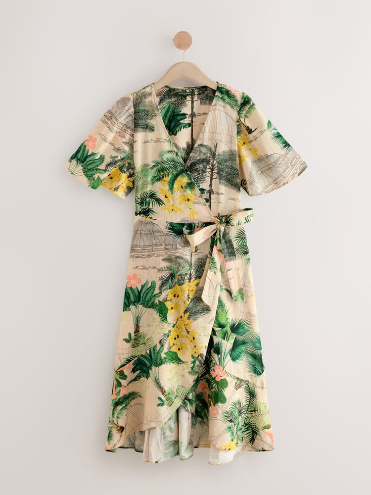 Kew Collection Green Floral Flutter Sleeve Wrap Midi Dress - Image 1 of 3