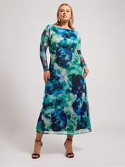 Yours Curve Blue London Mesh Gathered Dress - Image 1 of 5
