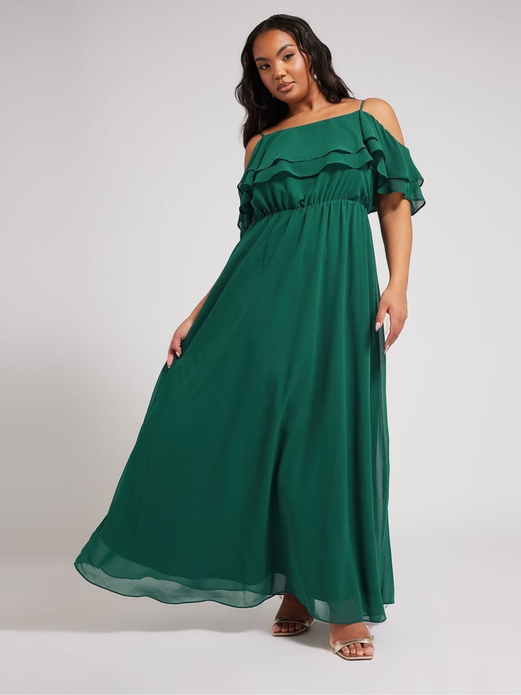 Yours Curve Green London Plain Cold Shoulder Dress - Image 1 of 5