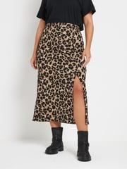 Yours Curve Natural Leopard Print Textured Maxi Skirt - Image 1 of 5