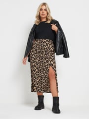 Yours Curve Natural Leopard Print Textured Maxi Skirt - Image 2 of 5