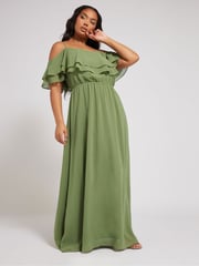 Yours Curve Green London Plain Cold Shoulder Dress - Image 1 of 5
