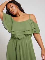 Yours Curve Green London Plain Cold Shoulder Dress - Image 4 of 5