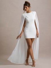 Club L London White Elysium Bodycon Mini Bridal Dress With Chiffon Cape - Image 7 of 8