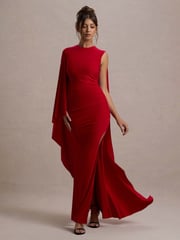 Club L London Red Yuna Draped Maxi Dress With Cape - Image 1 of 6