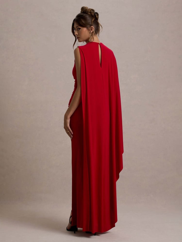 Club L London Red Yuna Draped Maxi Dress With Cape - Image 2 of 6