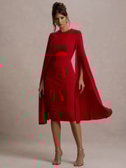 Club L London Red Marysol Asymmetric  Cape Midi Dress - Image 1 of 7