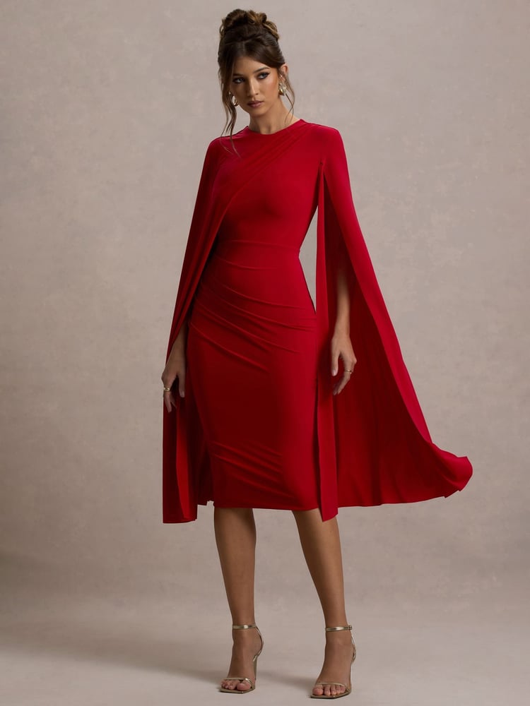 Club L London Red Marysol Asymmetric  Cape Midi Dress - Image 1 of 7