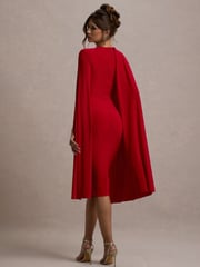 Club L London Red Marysol Asymmetric  Cape Midi Dress - Image 2 of 7