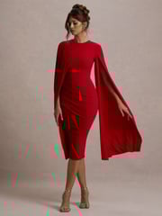 Club L London Red Marysol Asymmetric  Cape Midi Dress - Image 3 of 7