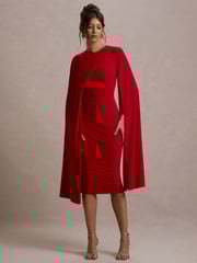 Club L London Red Marysol Asymmetric  Cape Midi Dress - Image 4 of 7