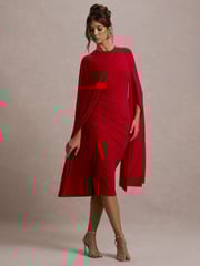 Club L London Red Marysol Asymmetric  Cape Midi Dress - Image 5 of 7