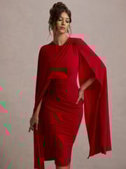 Club L London Red Marysol Asymmetric  Cape Midi Dress - Image 6 of 7