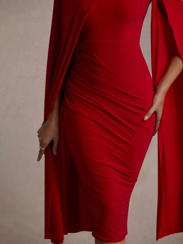 Club L London Red Marysol Asymmetric  Cape Midi Dress - Image 7 of 7