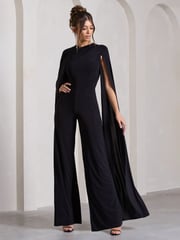 Club L London Black Harley Straight-Leg Jumpsuit With Cape Sleeves - Image 1 of 5