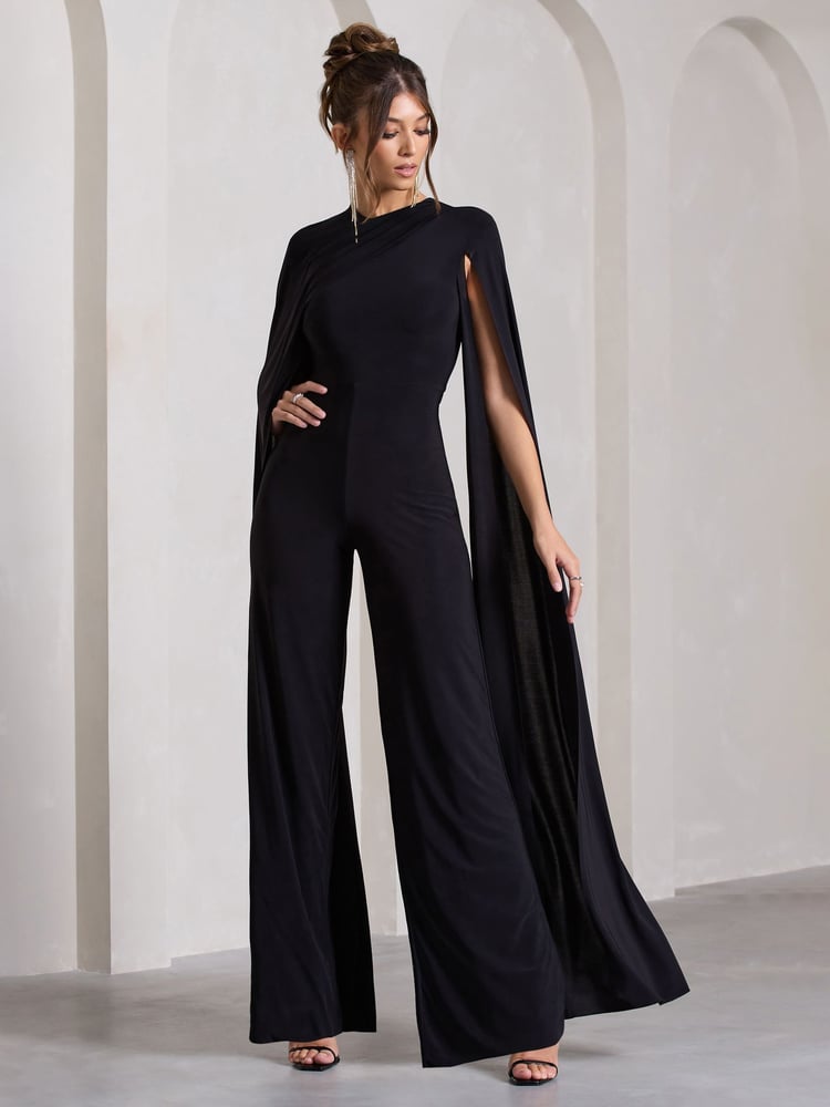 Club L London Black Harley Straight-Leg Jumpsuit With Cape Sleeves - Image 1 of 5