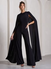Club L London Black Harley Straight-Leg Jumpsuit With Cape Sleeves - Image 2 of 5