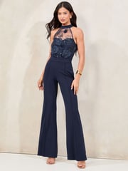 Lipsy Navy Petite Halter Sequin Embellished Lace Top Jumpsuit - Image 1 of 4
