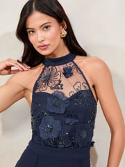 Lipsy Navy Petite Halter Sequin Embellished Lace Top Jumpsuit - Image 3 of 4