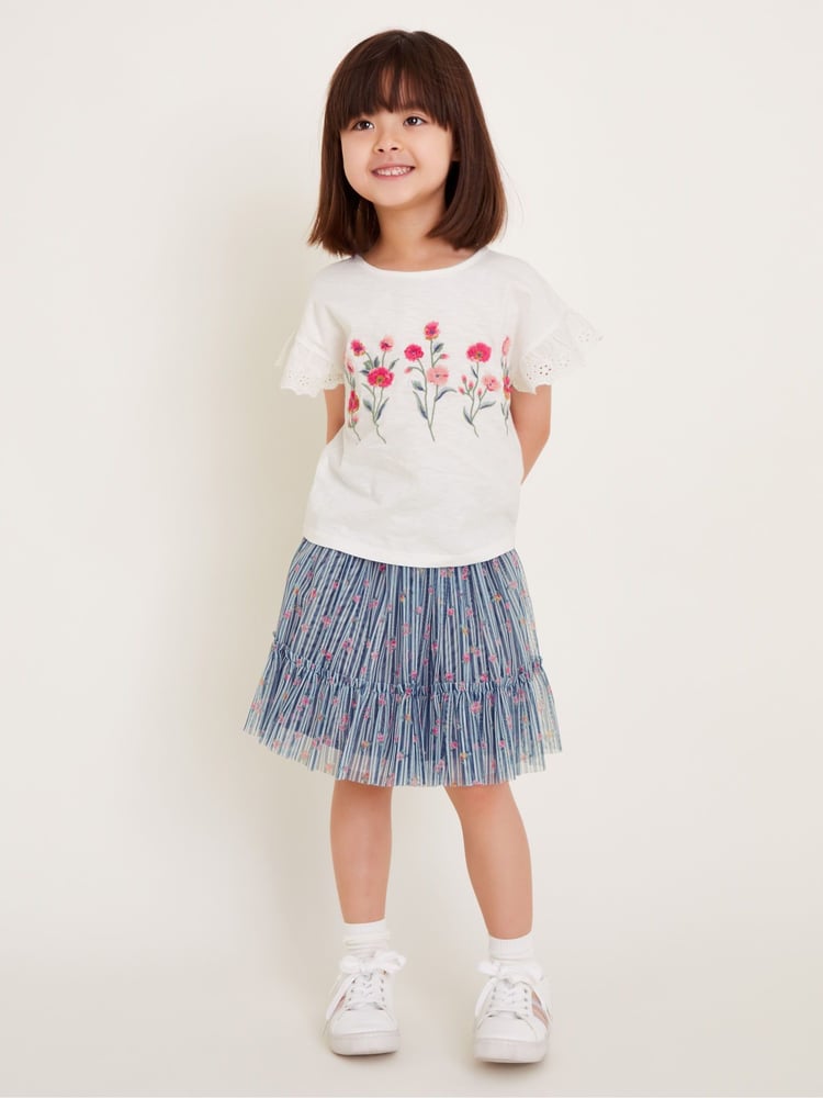 Monsoon Blue Floral Print T-Shirt and Tulle Skirt Set - Image 1 of 4 Monsoon Blue Floral Print T-Shirt and Tulle Skirt Set - Image 1 of 4