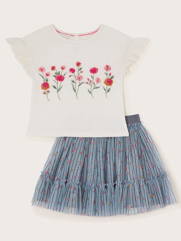 Monsoon Blue Floral Print T-Shirt and Tulle Skirt Set - Image 2 of 4 Monsoon Blue Floral Print T-Shirt and Tulle Skirt Set - Image 2 of 4