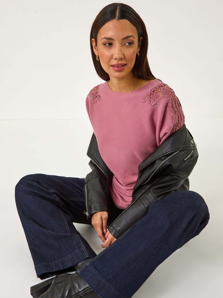 Roman Pink Hotfix Embellished Sleeve Knit Jumper - Image 1 of 5