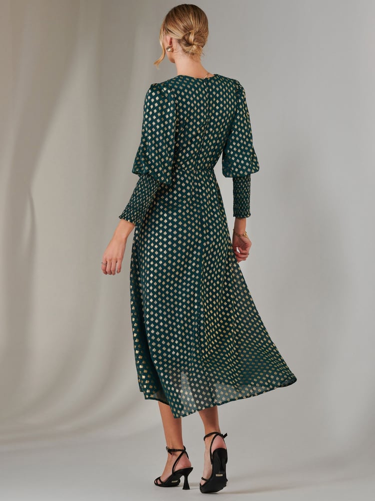 Jolie Moi Green Metallic Spot Print Puffy Sleeve Maxi Dress - Image 2 of 6