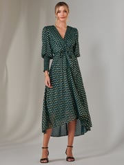 Jolie Moi Green Metallic Spot Print Puffy Sleeve Maxi Dress - Image 5 of 6