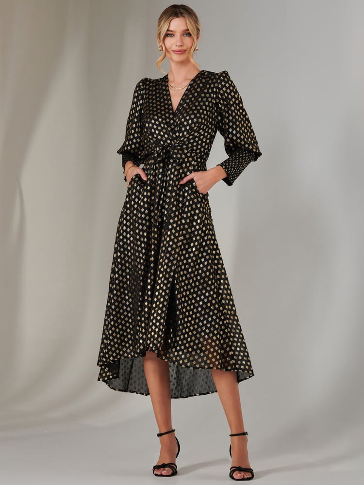 Jolie Moi Black Metallic Spot Print Puffy Sleeve Maxi Dress - Image 1 of 6