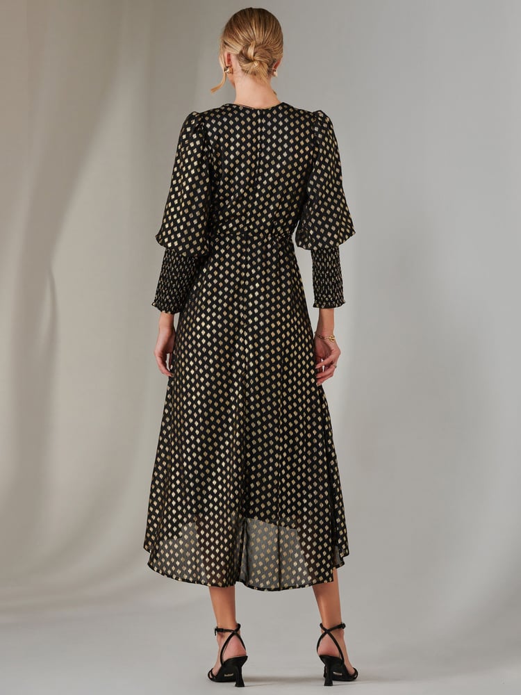 Jolie Moi Black Metallic Spot Print Puffy Sleeve Maxi Dress - Image 2 of 6
