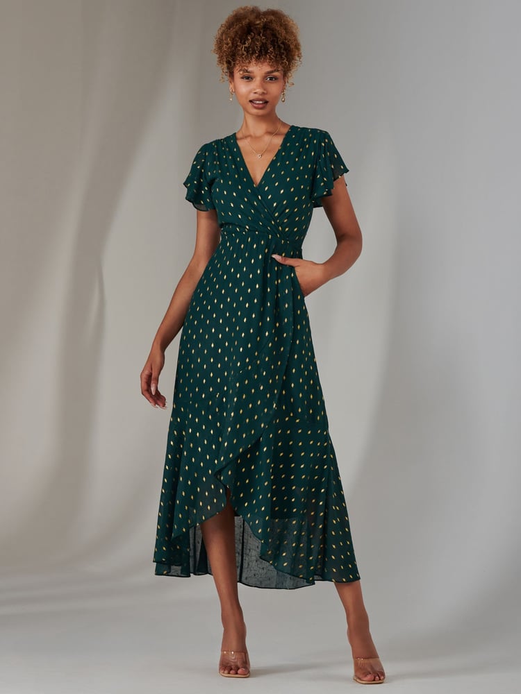 Jolie Moi Green Metallic Spot Textured Chiffon Maxi Dress - Image 1 of 6