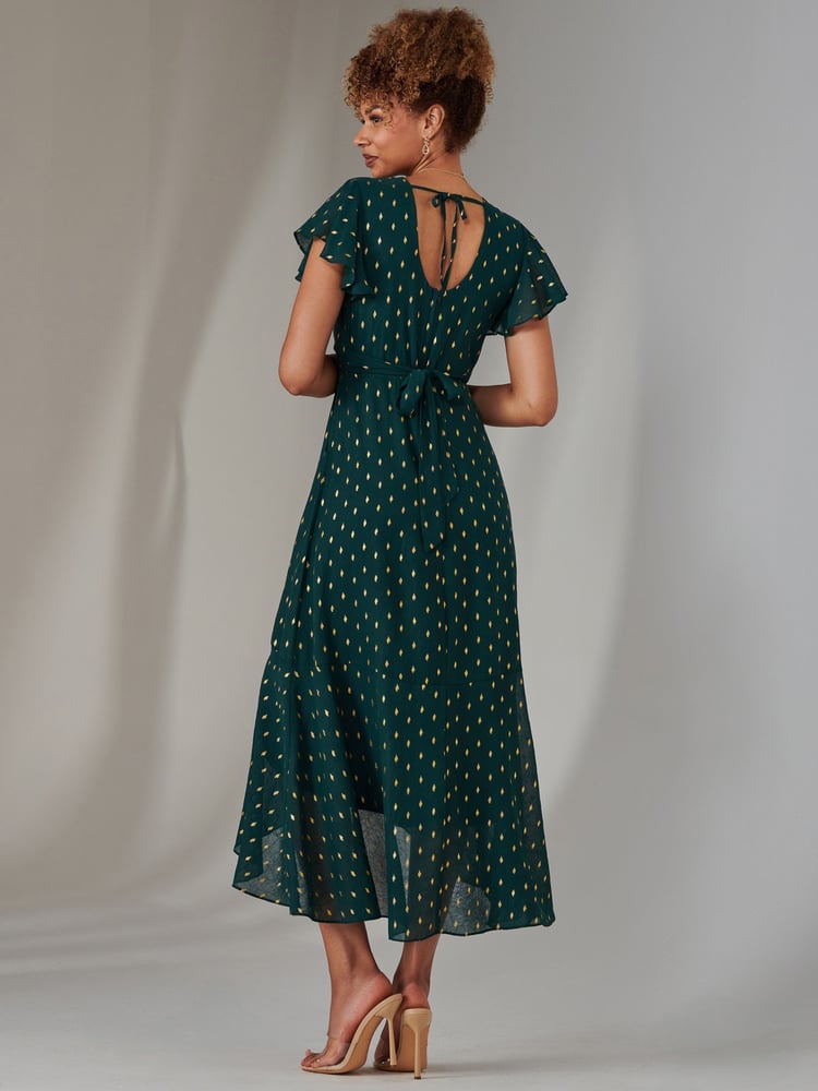 Jolie Moi Green Metallic Spot Textured Chiffon Maxi Dress - Image 2 of 6