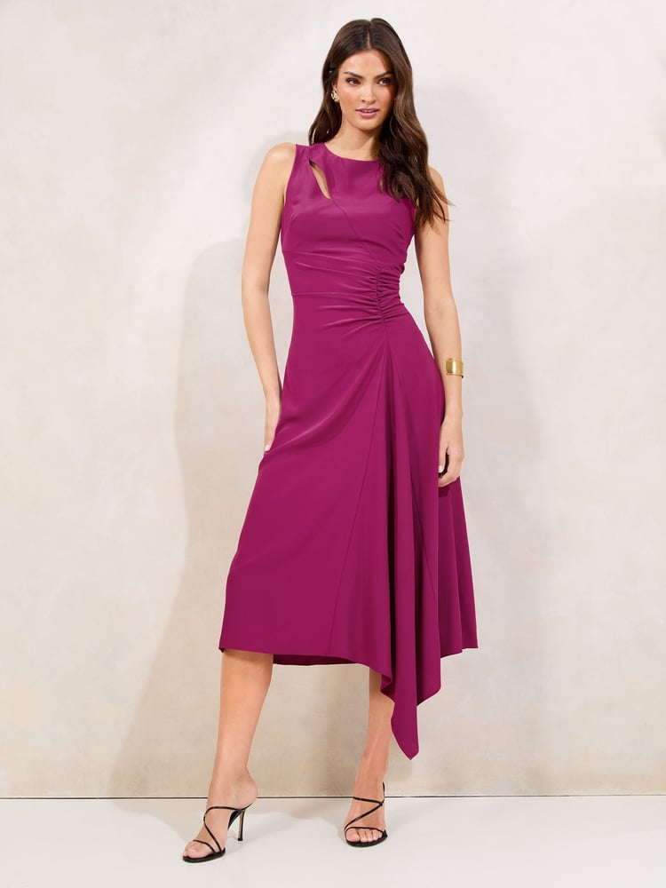 Lipsy Pink Sleeveless Ruched Front Asymmetrical Midi Dress - Image 1 of 4 Lipsy Pink Sleeveless Ruched Front Asymmetrical Midi Dress - Image 1 of 4