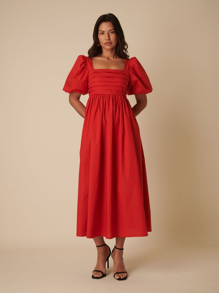 Nobodys Child Red "Nova Puff Sleeve Smock Midi Dress " - Image 1 of 5