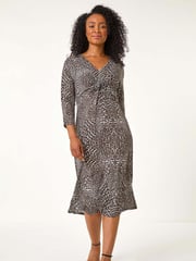 Roman Brown Petite Animal Print Twist Detail Midi Dress - Image 1 of 5