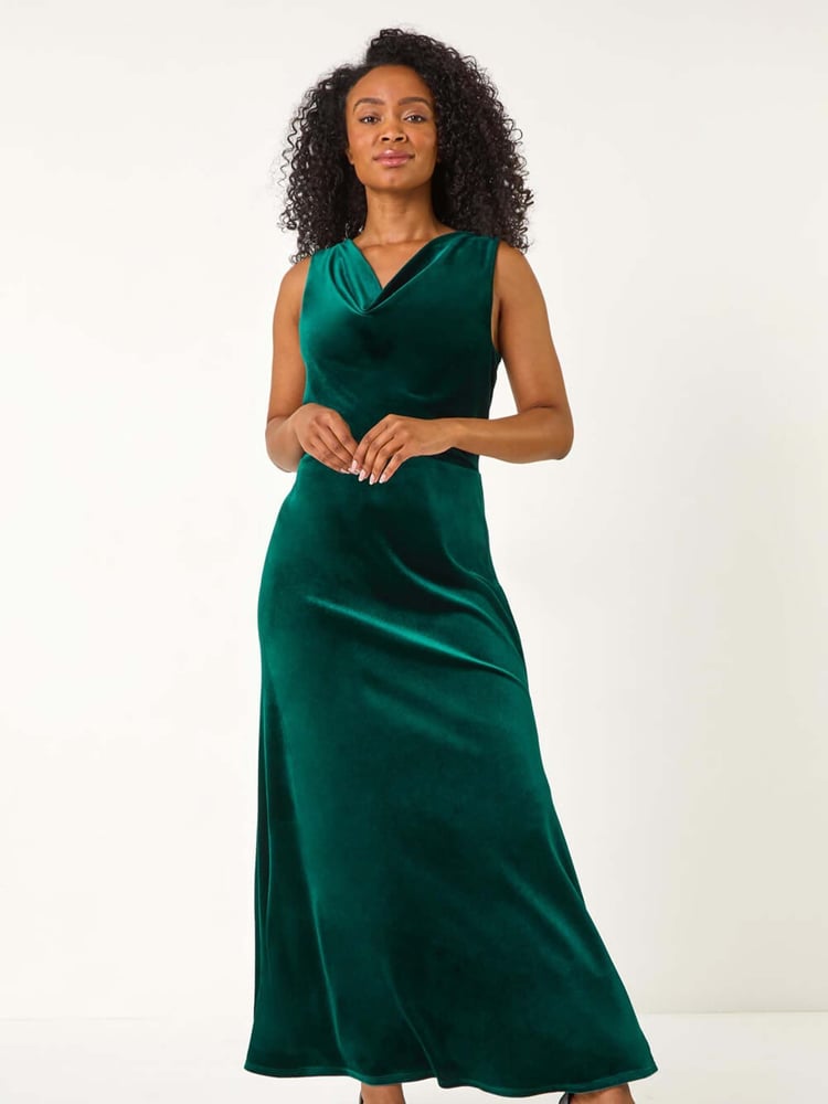 Roman Green Petite Cowl Neck Velvet Maxi Dress - Image 1 of 5