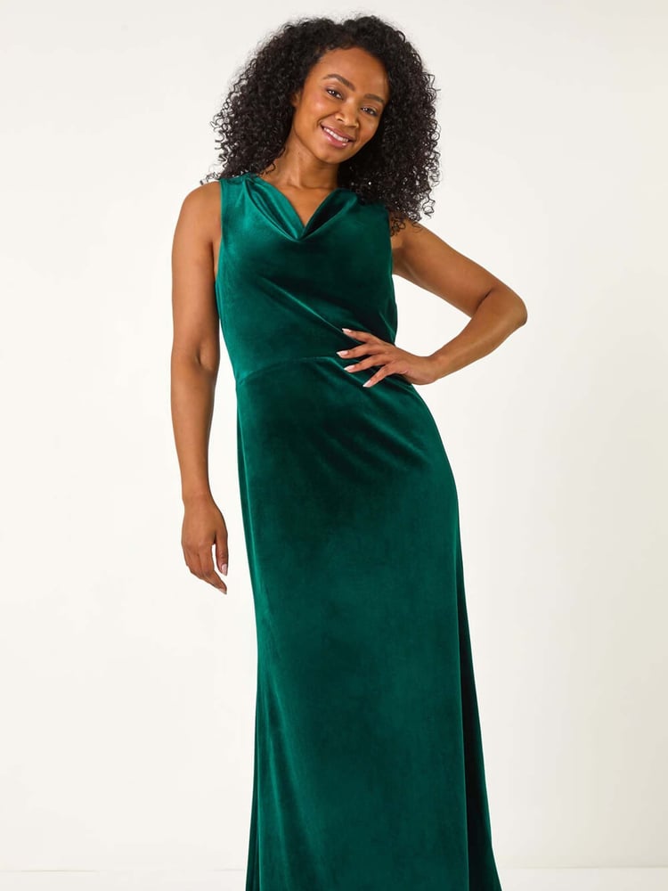 Roman Green Petite Cowl Neck Velvet Maxi Dress - Image 2 of 5