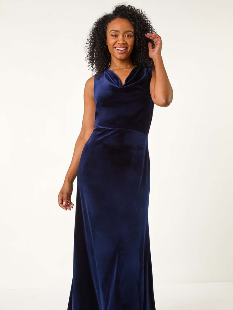 Roman Blue Petite Cowl Neck Velvet Maxi Dress - Image 2 of 5