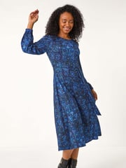 Roman Blue Petite Abstract Paisley Print Midi Dress - Image 1 of 5