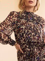 Love & Roses Natural Leopard Print Stud Trim Belted Mini Dress - Image 2 of 4